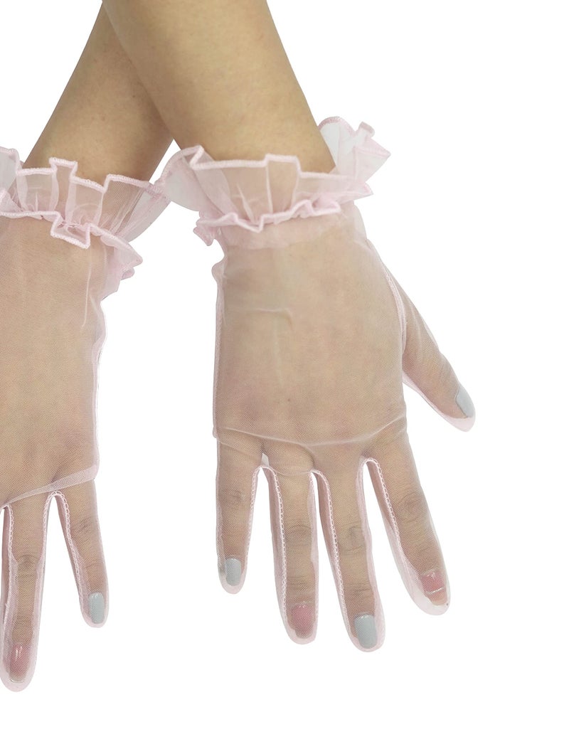 QRBTSCL Women's Short Mesh Gloves Ruffled Tulle Wedding Party Gloves Short Prom Evening Glove Pink - Image 5